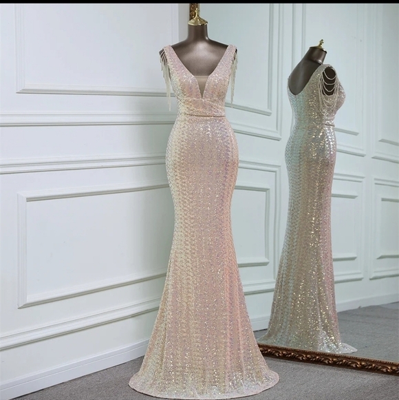 Pink, Sleeveless,  Backless,  V Neck, Beaded,  Contrast Sequined and Mes… - Picture 12 of 15